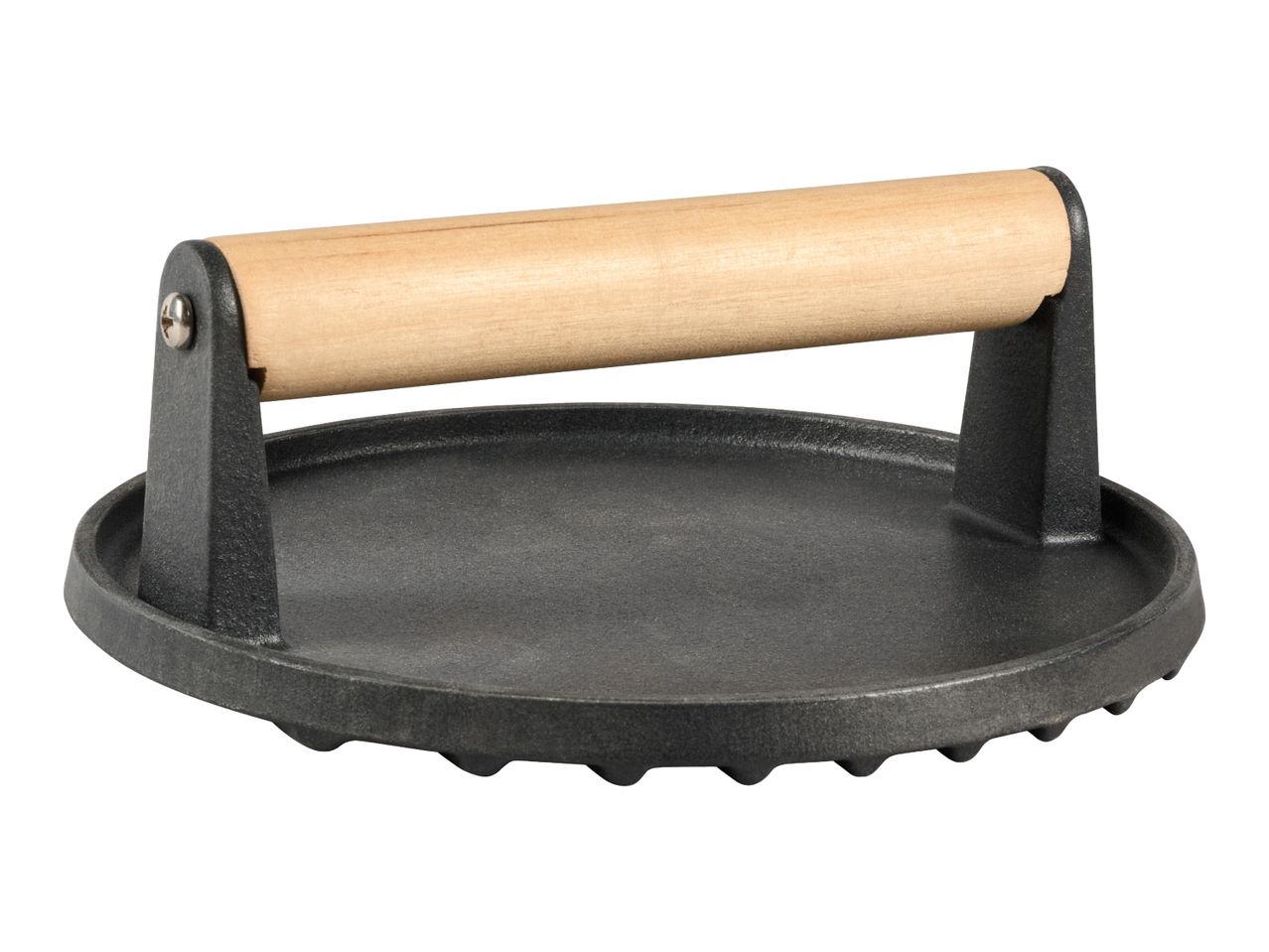 Cast iron burger press with a wooden handle, isolated on a white background.