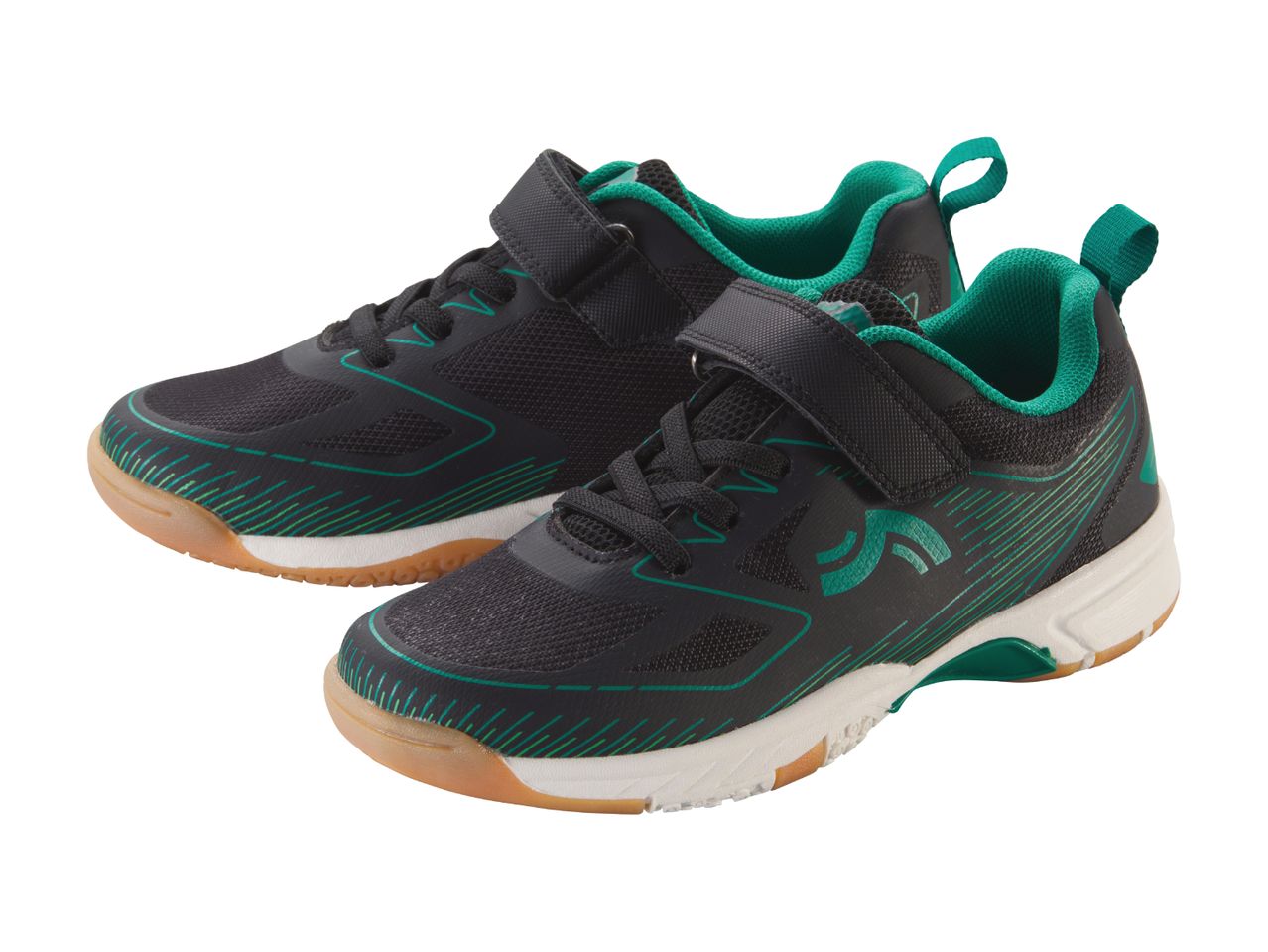 Pair of dark-colored children's athletic shoes with teal accents and hook-and-loop closures.