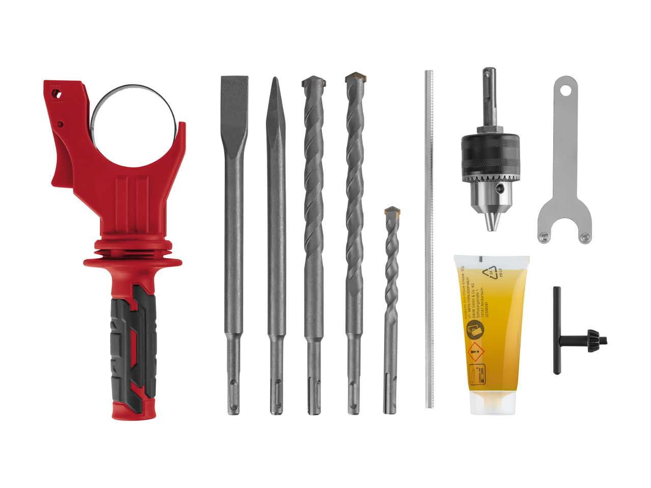 A set of rotary hammer drill bits, chisels, and accessories.