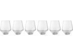 Six clear, stemmed glasses for beverages.