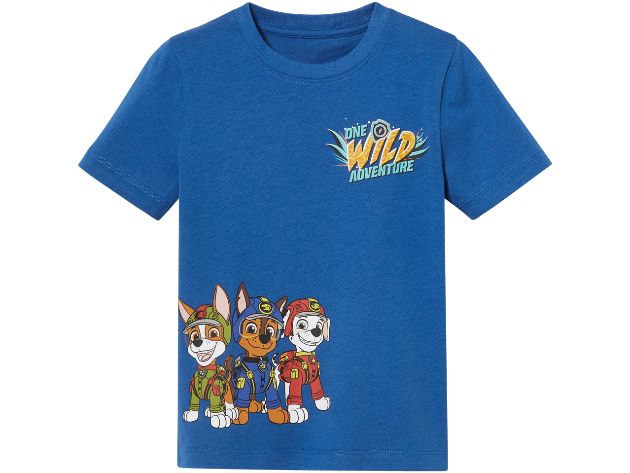 Dečja majica plave boje sa štampom Šape spasilaca i natpisom 'One Wild Adventure'.