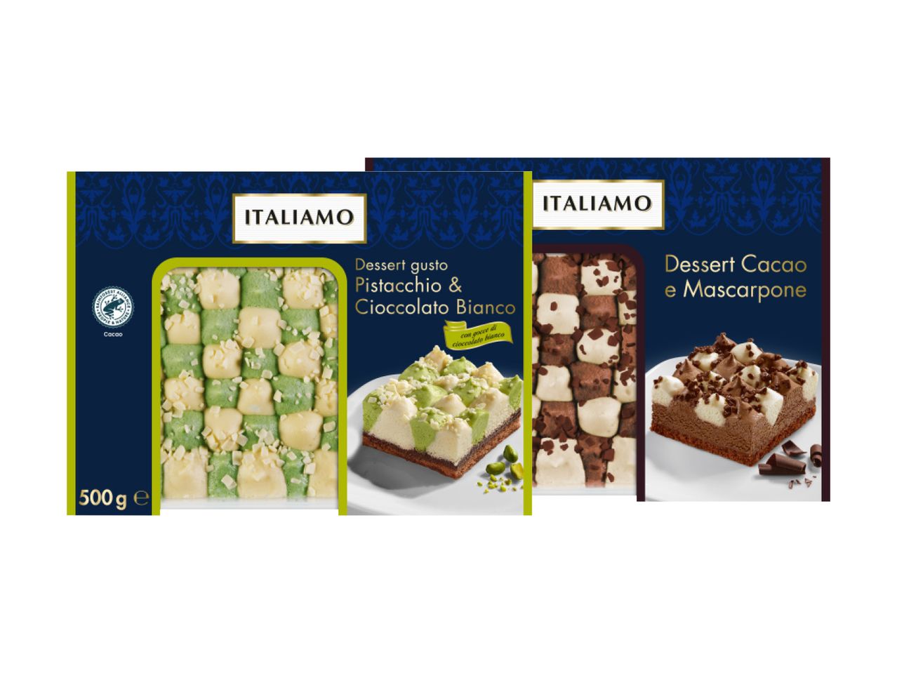 ITALIAMO offers Pistachio & White Chocolate and Cacao & Mascarpone desserts.