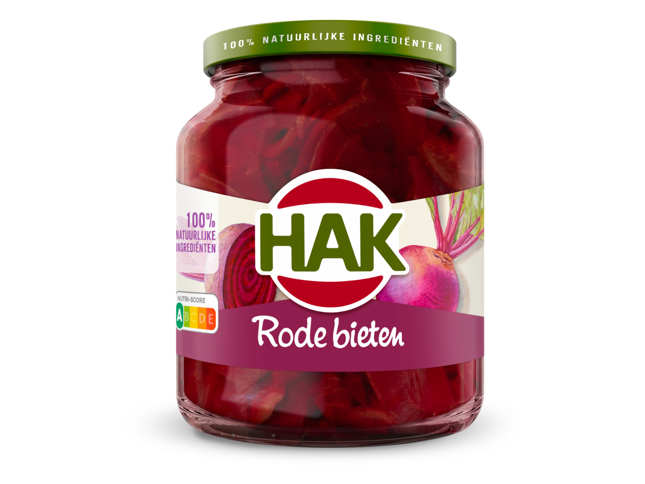 Glazen pot met rode bieten, met een groen deksel en een etiket met de tekst '100% natuurlijke ingrediënten' en 'Rode bieten'.