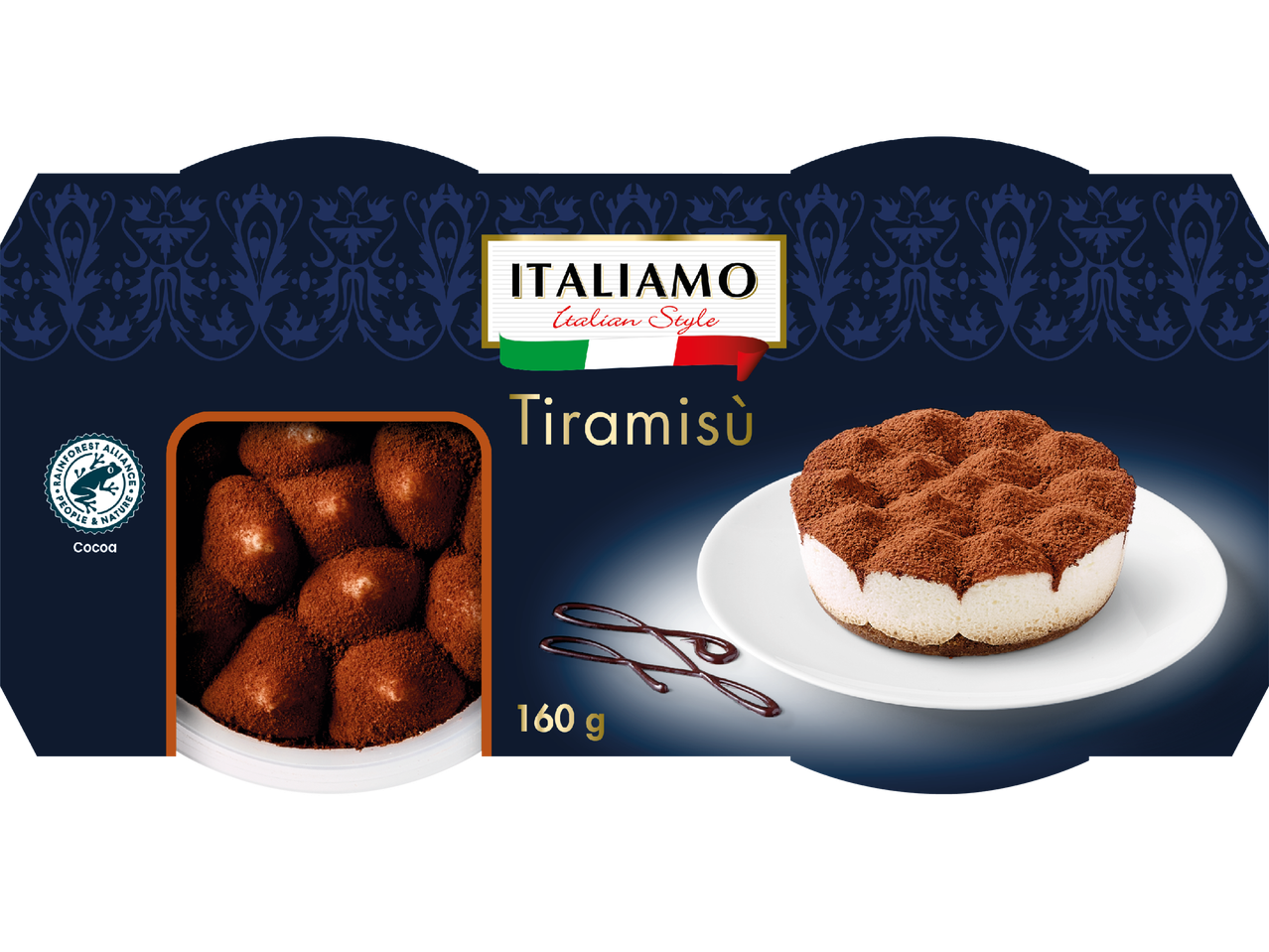 Italiamo Tiramisù-förpackning med tiramisù och kakaobönor.