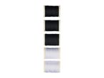 Five spools of sewing thread in black and white, arranged vertically