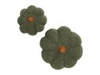 Two green flower-shaped cushions with a brown center.