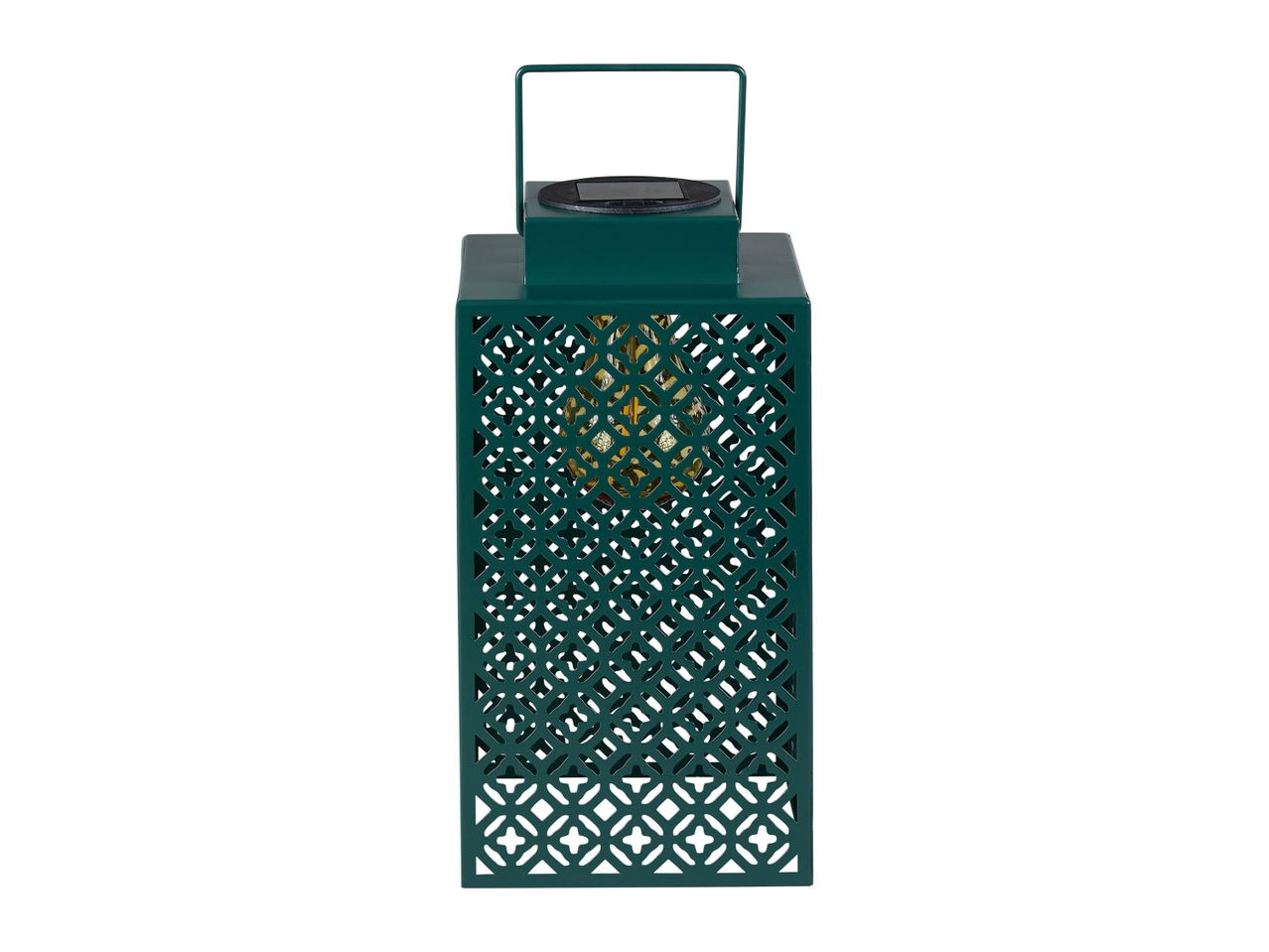 Green metal solar lantern, decorative.