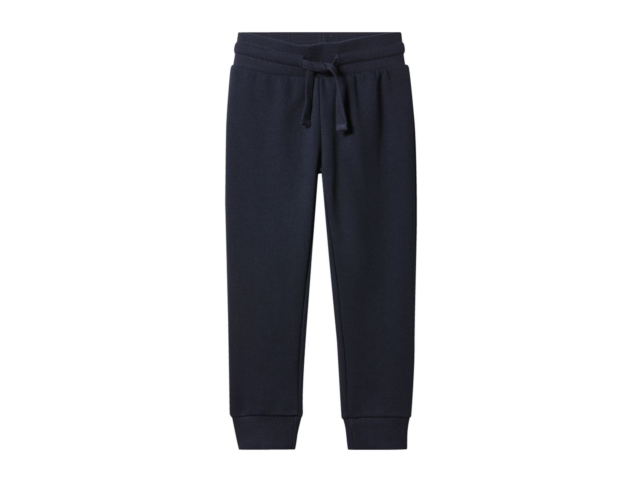 Dark blue sweatpants with an elasticated waistband and drawstring.