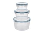 Stack of three clear round food storage containers with blue-grey locking lids.