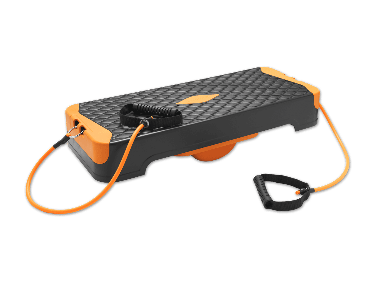 Schwarzer Stepper mit orangefarbenen Akzenten und Widerstandsbändern