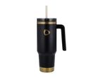 Black and gold travel mug with a handle and a straw