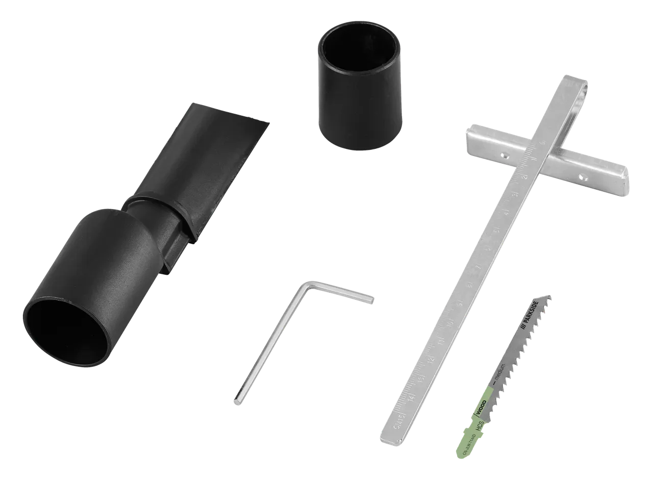 Аксесоари за прободен трион Parkside®: адаптер за прахоулавяне, шестограмен ключ, паралелен водач и нож за дърво.