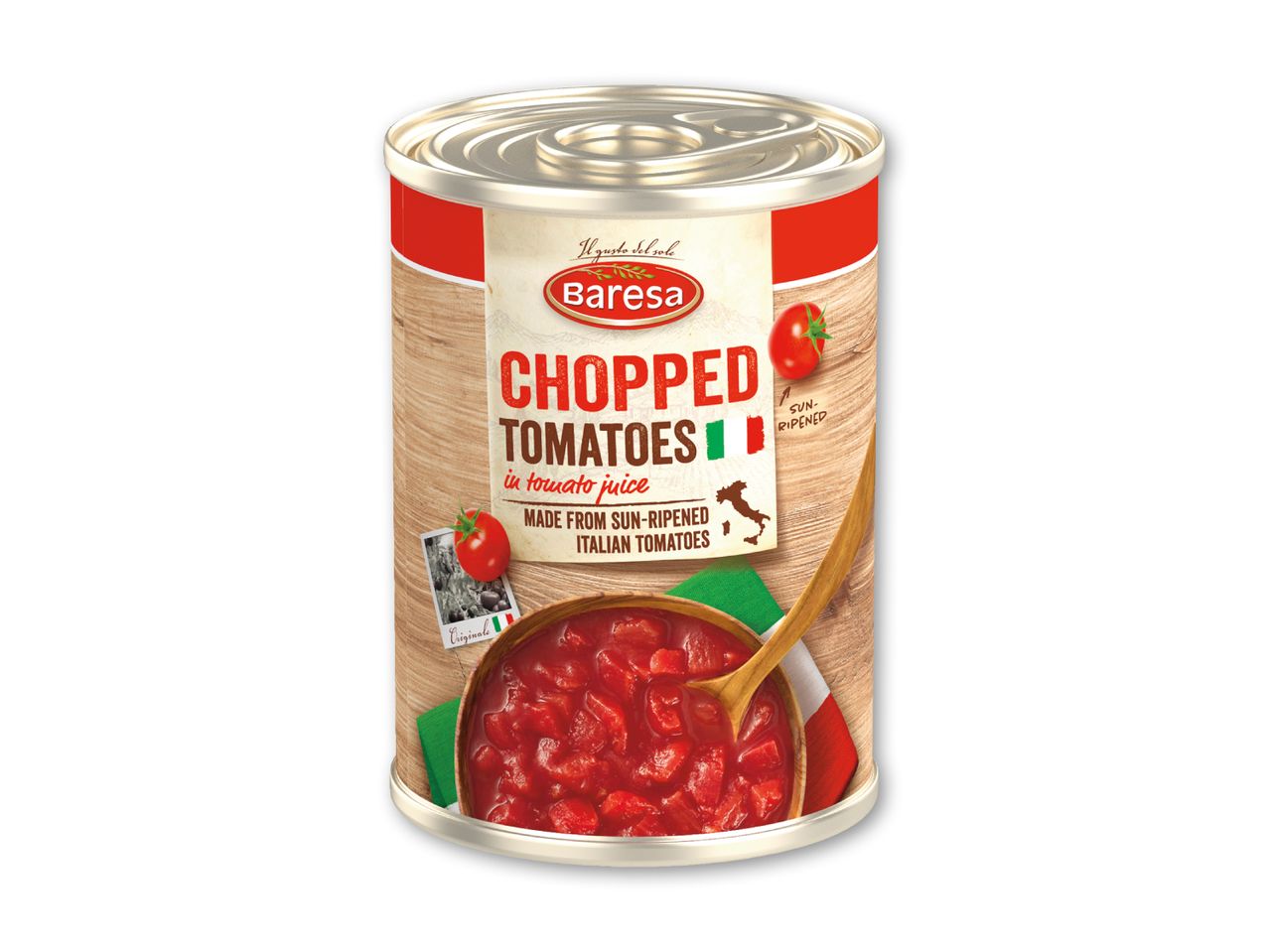 Dåse med hakkede tomater i tomatjuice, lavet af solmodne italienske tomater.