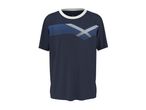 Dark blue short-sleeved t-shirt with a white and blue striped chevron pattern on the chest.