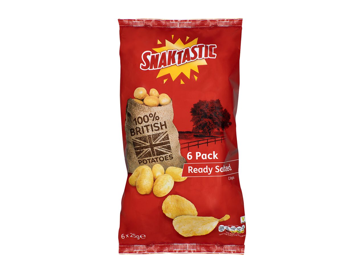 Snacktastic crisps, 6 pack, ready salted, 100% British potatoes.