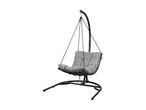 Black hanging egg chair with grey cushions on a white background.