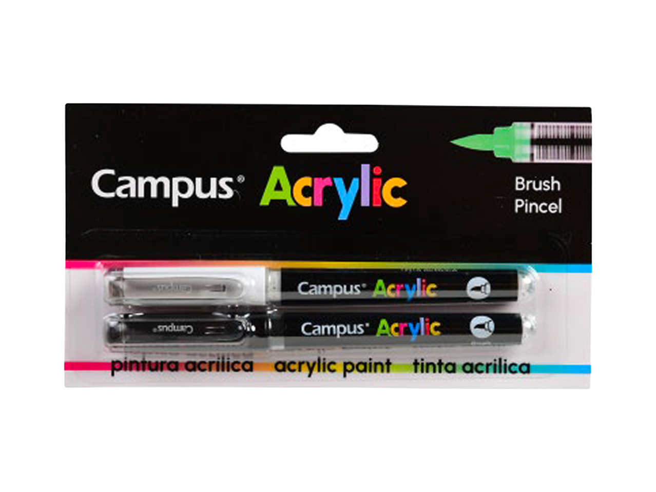 Um conjunto de duas canetas de tinta acrílica, uma branca e uma preta, com a palavra 'Acrylic' em cores vibrantes.