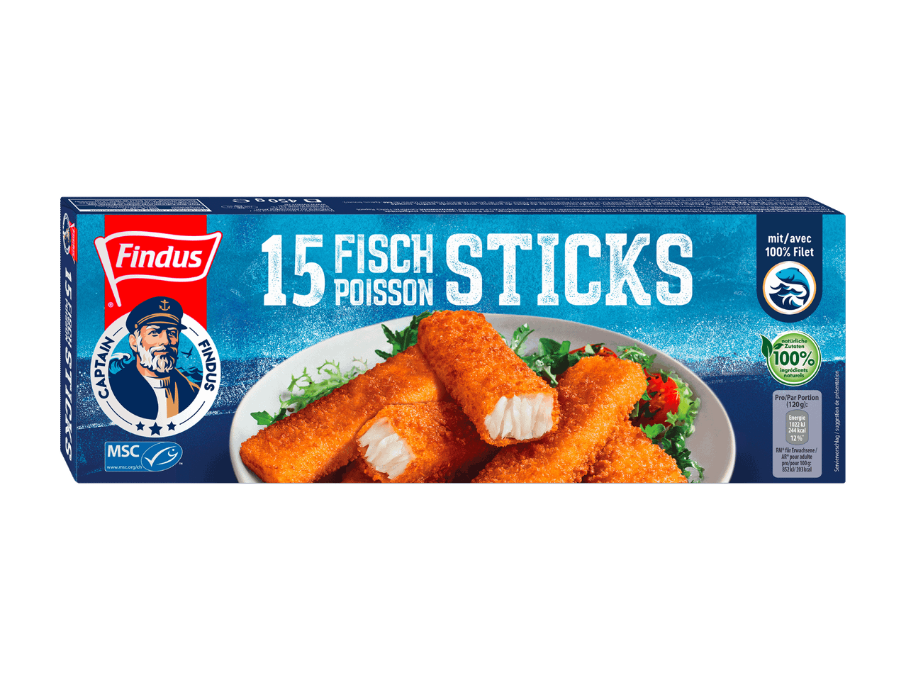 Findus Fischstäbchen-Packung mit 15 Fischstäbchen und dem Captain Findus Logo.