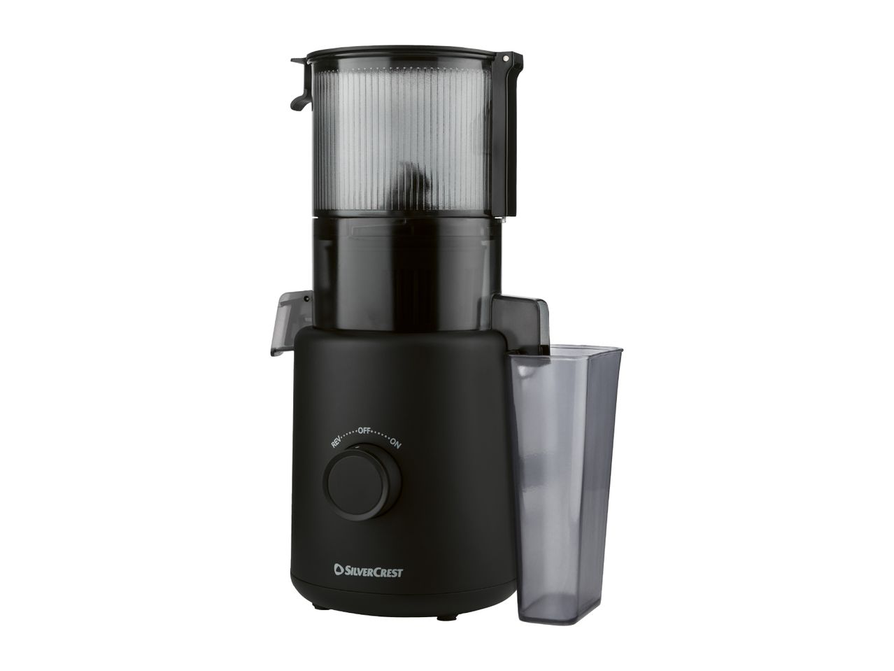 Black slow juicer with a transparent pulp container and a control knob.