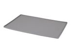 Grey rectangular pet feeding mat with a textured surface and raised edges.