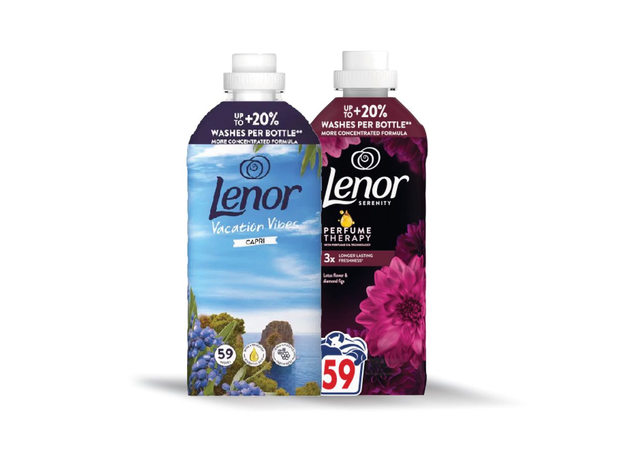 Du Lenor audinių minkštikliai: „Vacation Vibes Capri“ ir „Serenity Perfume Therapy“.