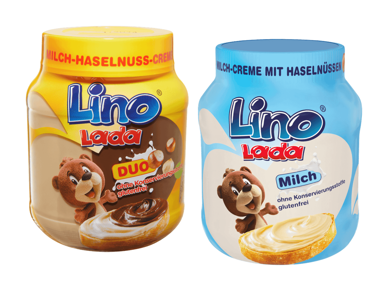 Zwei Gläser Lino Lada Nuss-Creme: eine Milch-Haselnuss-Creme und eine Milch-Creme mit Haselnüssen.