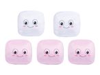 Five square plush toys with smiling faces, two white and three pink.