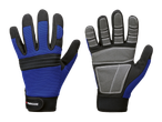 Een paar blauwe en grijze werkhandschoenen met verstevigde handpalmen en vingers.
