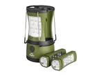 Green camping lantern with two detachable flashlights, featuring LED lights and a compass.