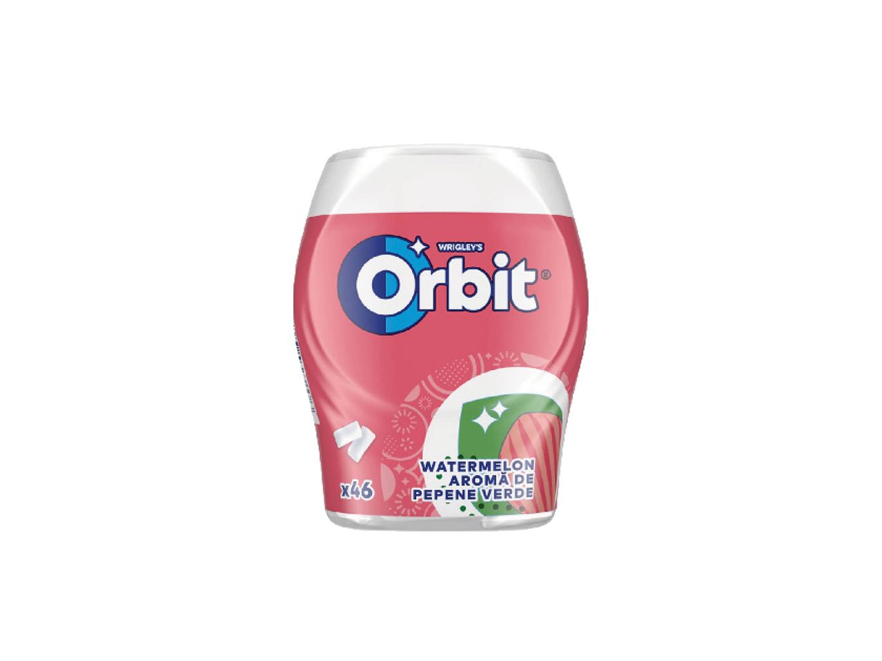 Rožinis „Wrigley's Orbit“ kramtomosios gumos buteliukas su arbūzų skoniu.