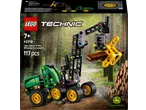 Technic konstravimo rinkinys, vaizduojantis žalią miško kombainą su judančia ranka ir griebtuvu.