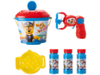 Paw Patrol bucket, bubble gun, and bubble bottles.