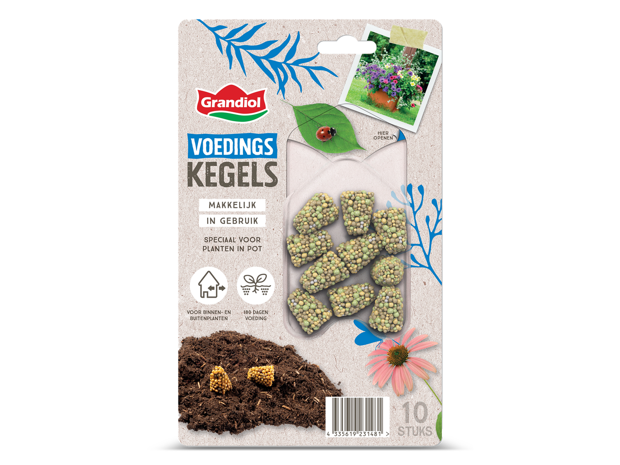 Verpakking met 10 voedingskegels voor planten in pot, met instructies en afbeeldingen van planten.
