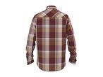 Back view of a men's long-sleeved plaid shirt in maroon, brown, and beige.
