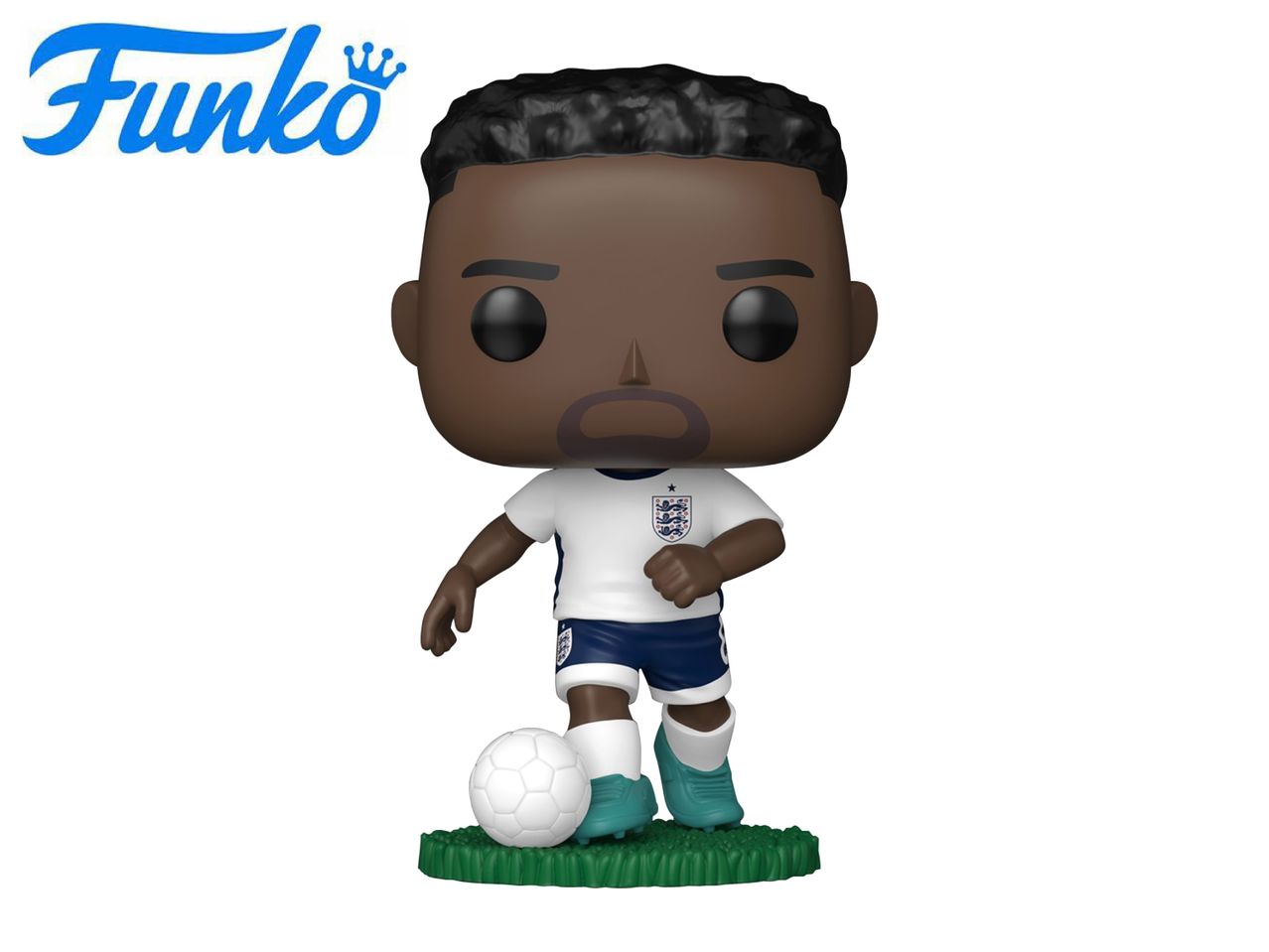 A collectible figurine of a dark-skinned male soccer player in a white and blue uniform with a soccer ball.