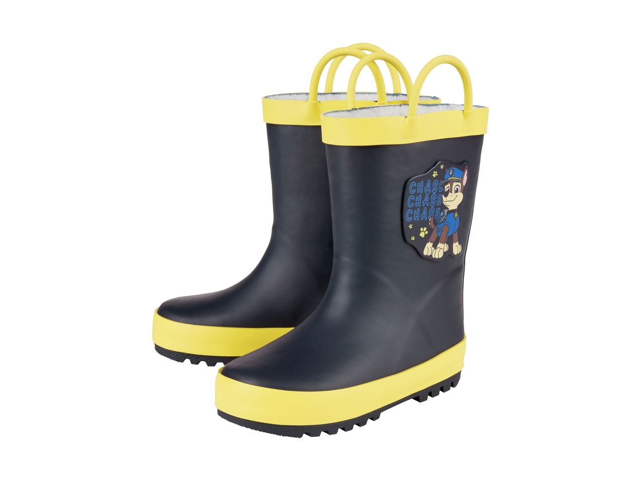 Paw Patrol Chase-themed navy blue and yellow rain boots for kids.
