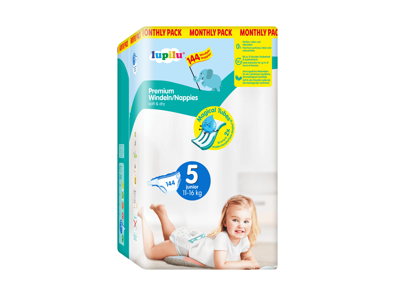 Packung Lupilu Premium Windeln für Babys, Größe 5 (11-16 kg), mit 144 Windeln.