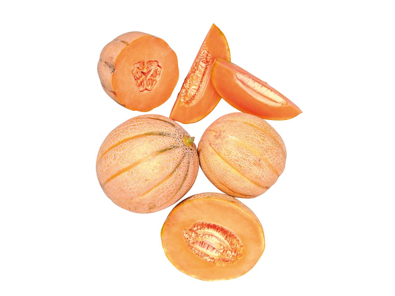 Érett, narancssárga cantaloupe dinnyék, szeletekben és egészben.