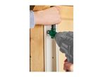 A person using a right-angle drill attachment to drive a screw in a tight wooden space.