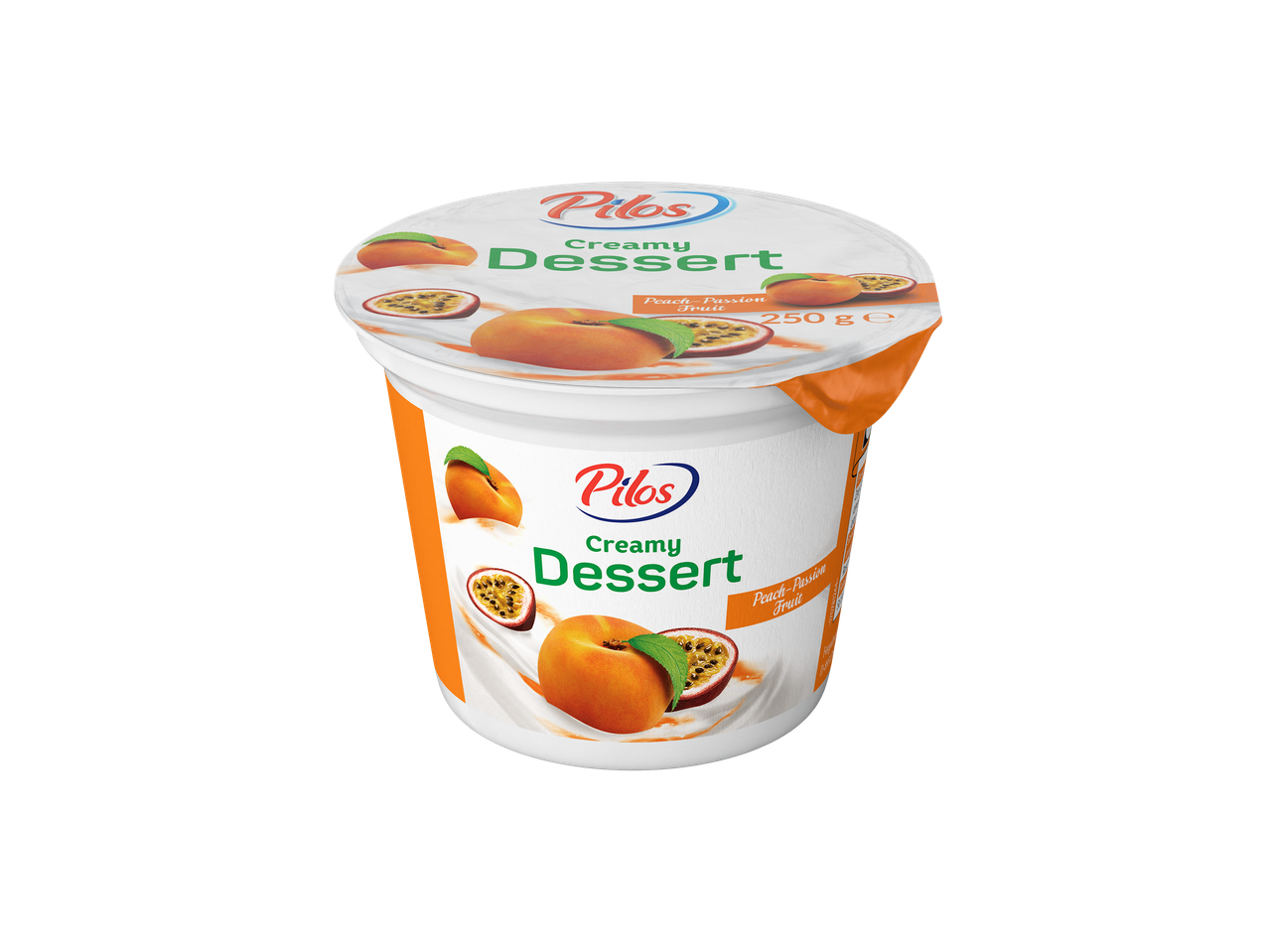 Desert cremos Pilos cu piersici și fructul pasiunii.