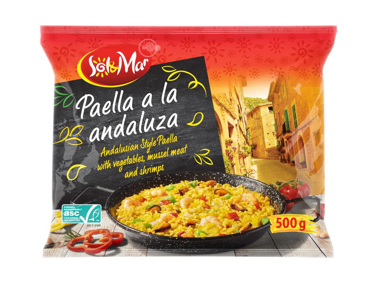 Paella a la Andaluza with vegetables, mussel meat, and shrimps, 500g.