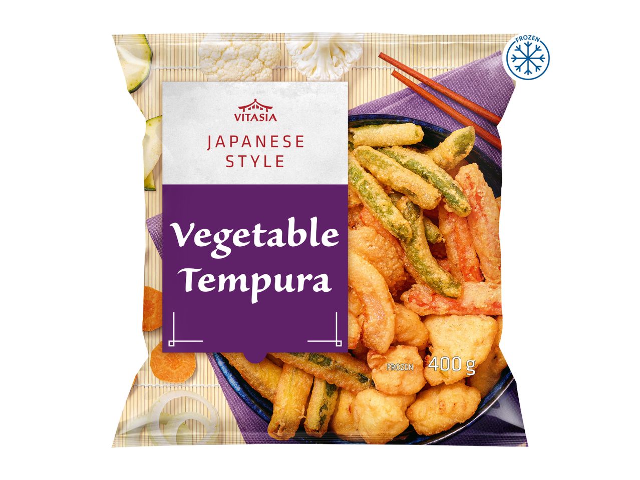 Frozen Japanese-style vegetable tempura, 400g, with cauliflower, zucchini, carrots, and onions.