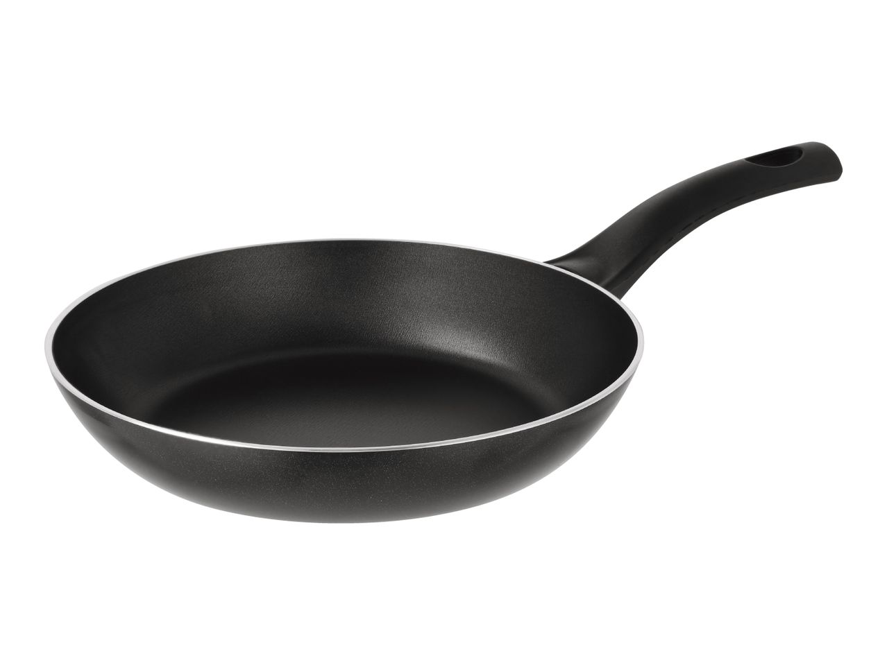 Black frying pan with a non-stick coating and a black handle, isolated on a white background.