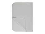 Light grey folded blanket or throw with rounded corners.