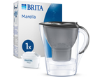 Water filter jug with a filter cartridge, displayed next to its packaging.