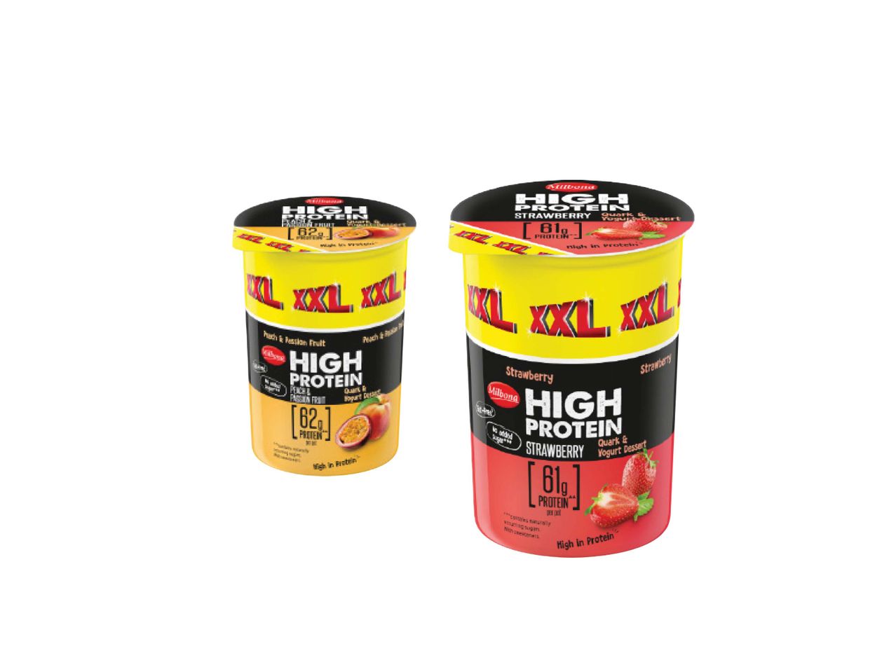 Du „Milbona High Protein“ jogurtai, persikų ir pasiflorų bei braškių skonio.