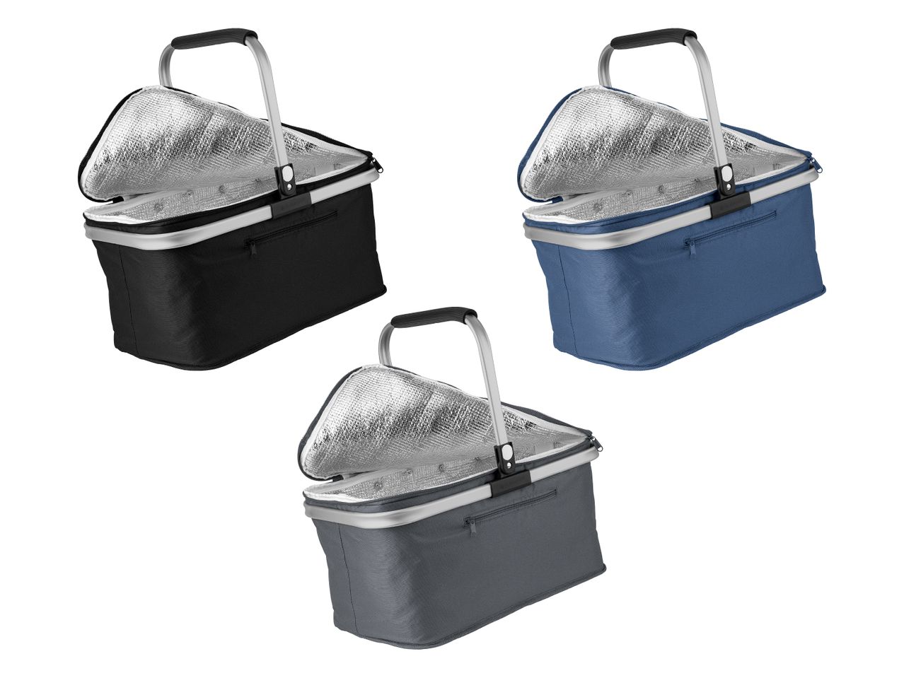 Drei isolierte Einkaufskörbe in Schwarz, Blau und Grau mit Aluminiumgriffen.