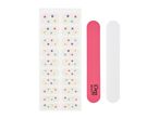 Pink and white nail files with decorative nail stickers.