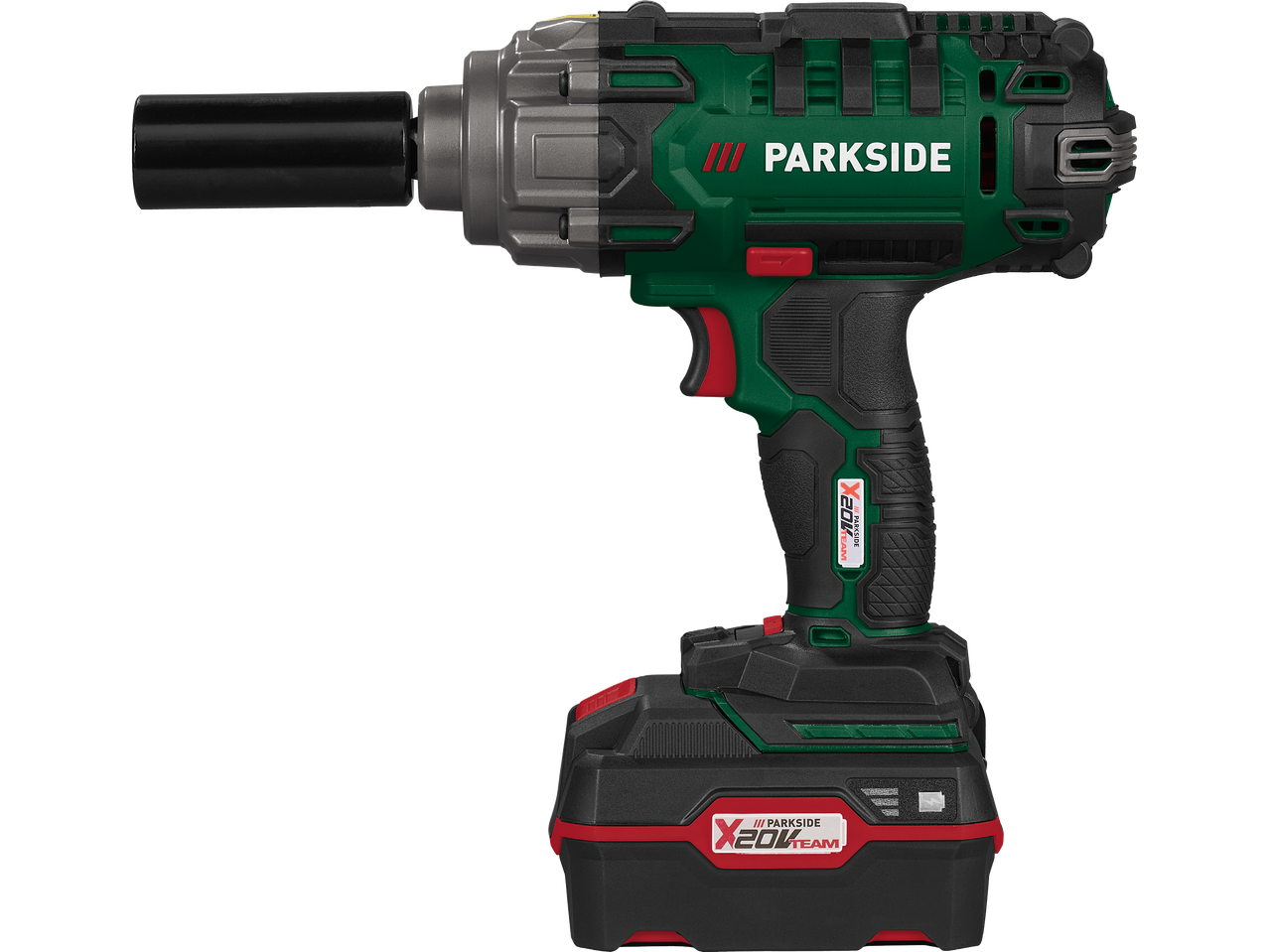 En grön och svart sladdlös slagnyckel från Parkside med ett batteri.