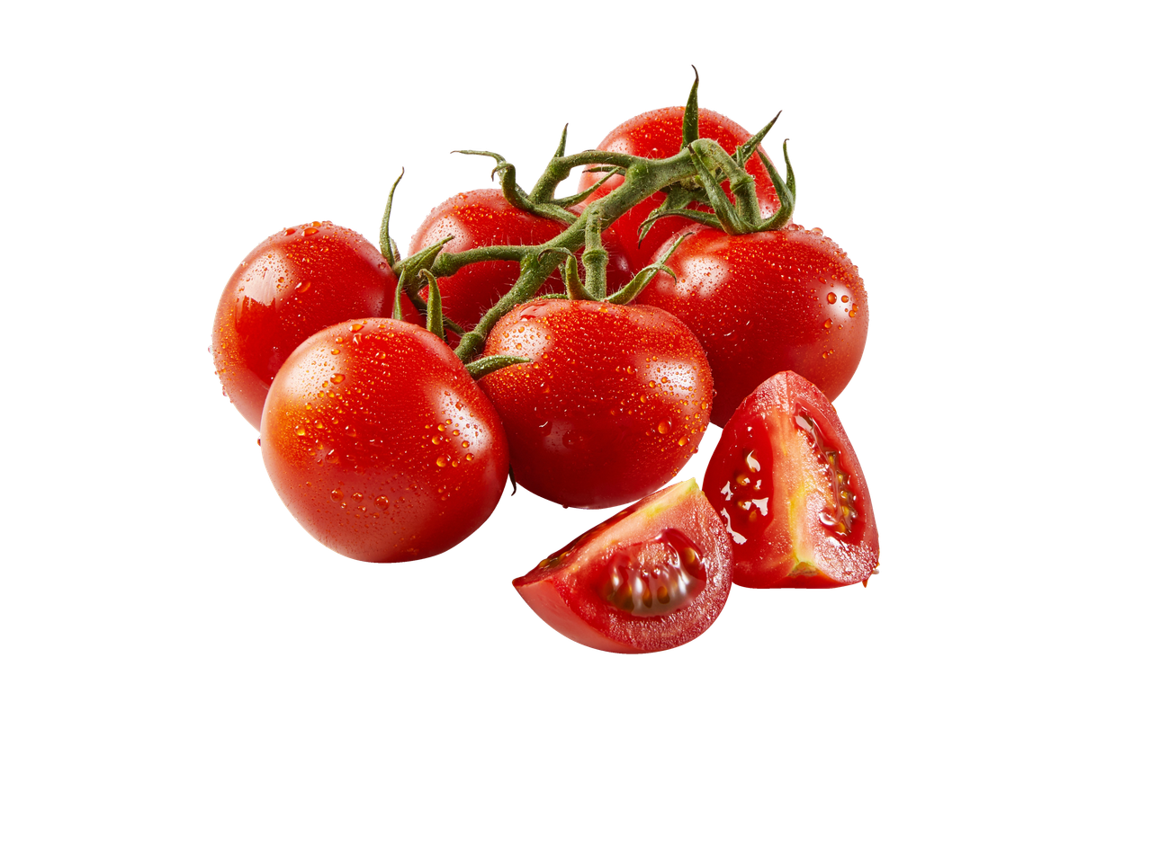 Verse cocktailtrostomaten met waterdruppels, sommige gesneden